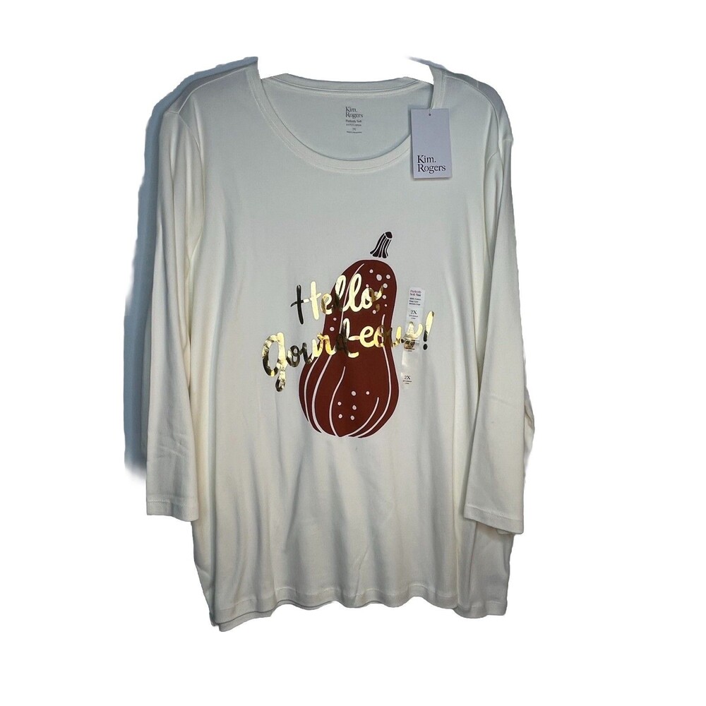 Kim Rogers FALL print T-Shirt Womens 2X Hello Gourdgeous 3/4 Sleeve Cotton Top